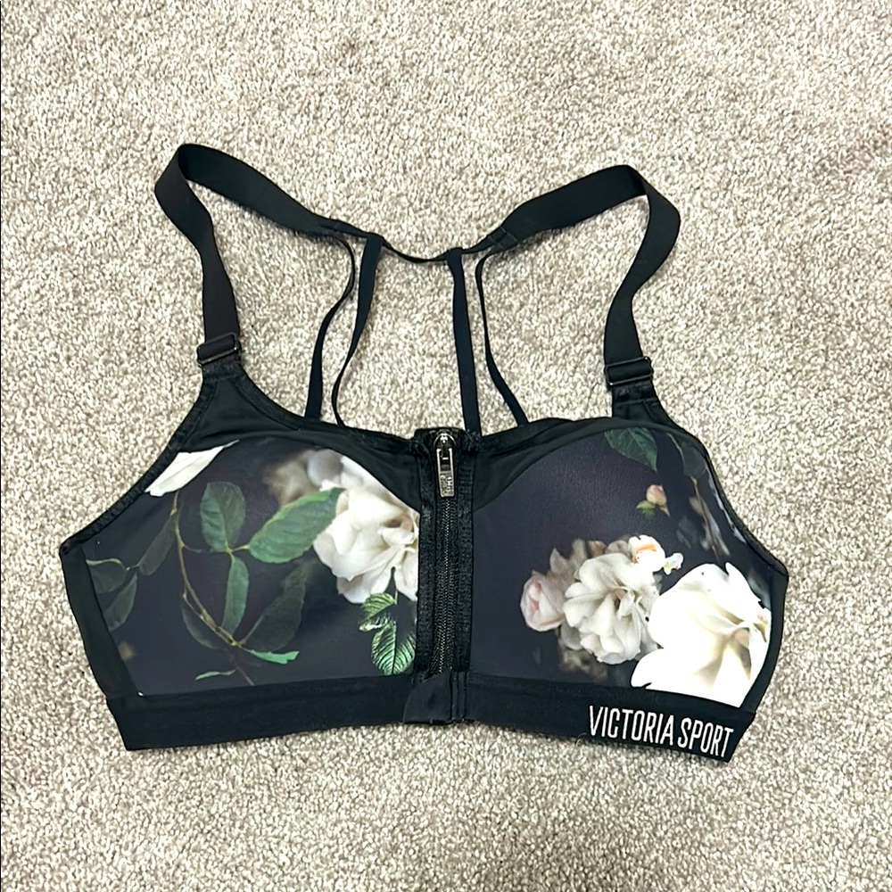 Victoria Sport Black Floral Zip Front Sports Bra